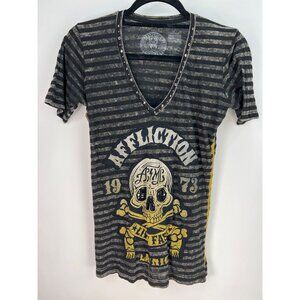 Affliction American Custom Live Fast Skull Stripe Shirt L Black/Grey
